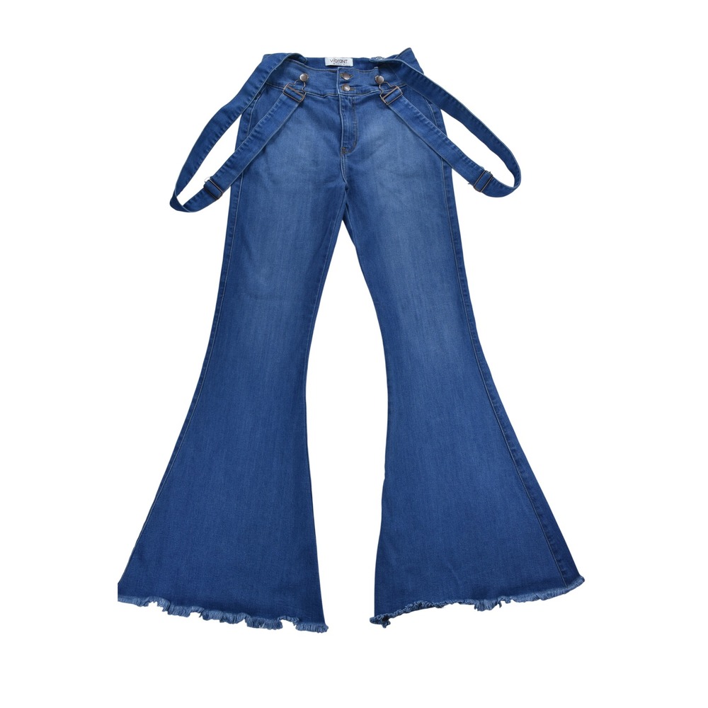 Vibrant MIU Womens Blue Flare Suspender Jeans High Rise Frayed Hem Medium Wash
